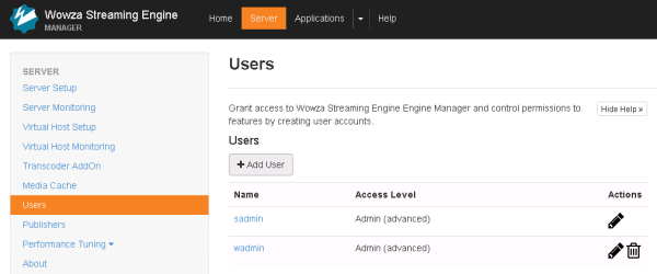 Wowza Streaming Engine server users